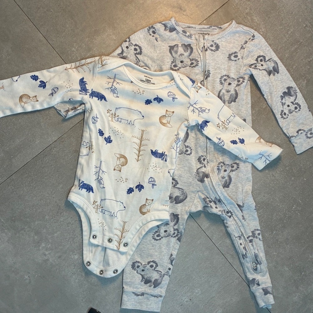 Carters Baby Boy 12M Lot Koala Sleeper and Woodland Animal Bodysuit Set